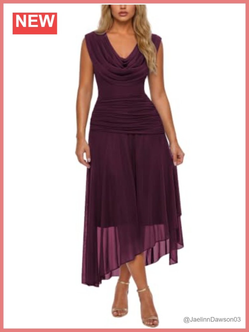 Women's Mesh Cowl Neck Ruched Asymmetrical Cocktail Dress